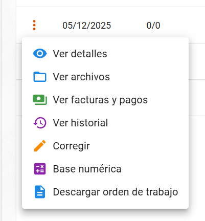 Menú acciones por expediente