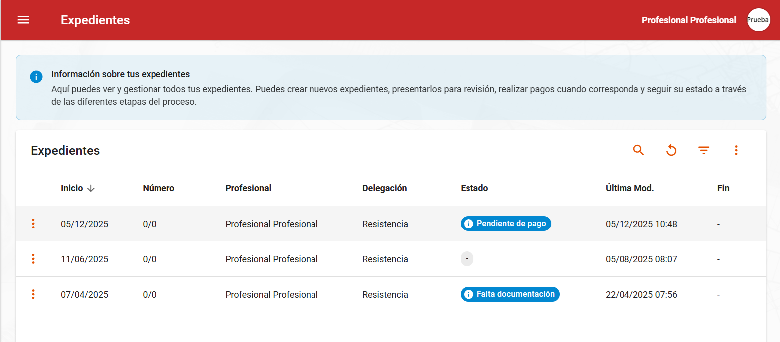 Tabla de expedientes