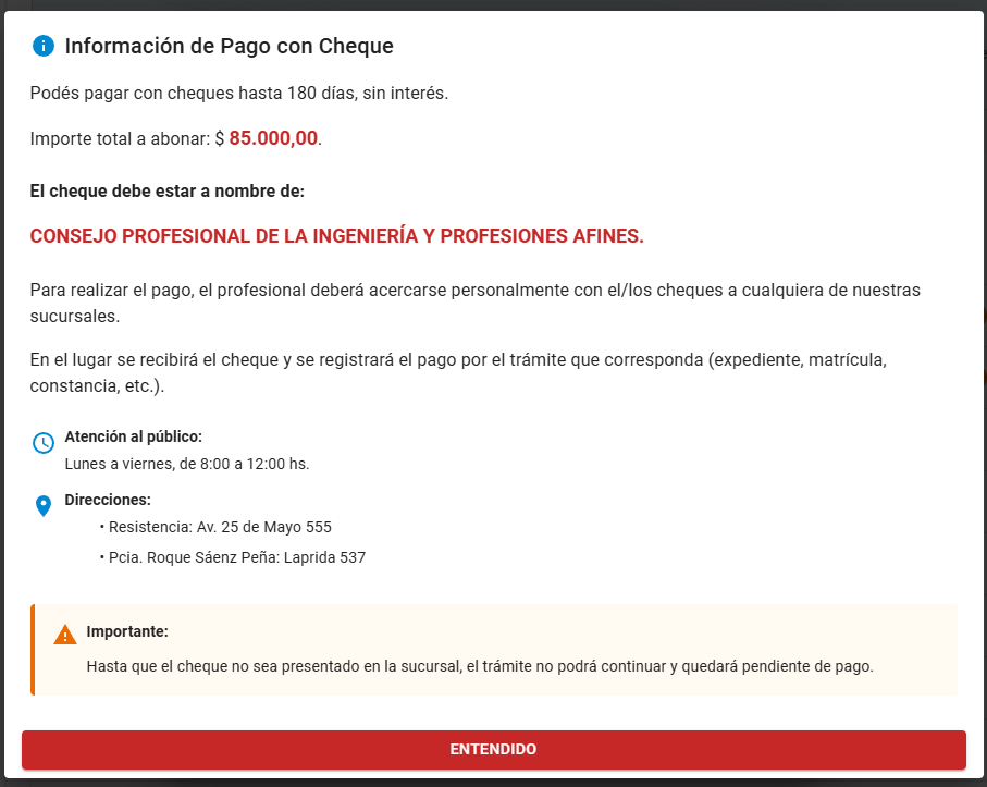 Información pago con cheque