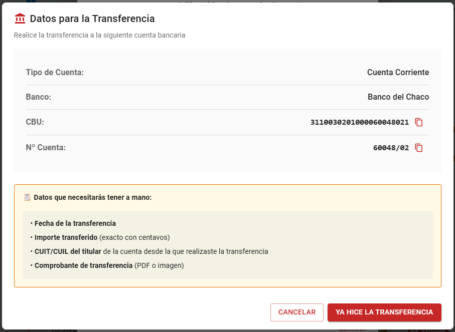 Datos para la transferencia