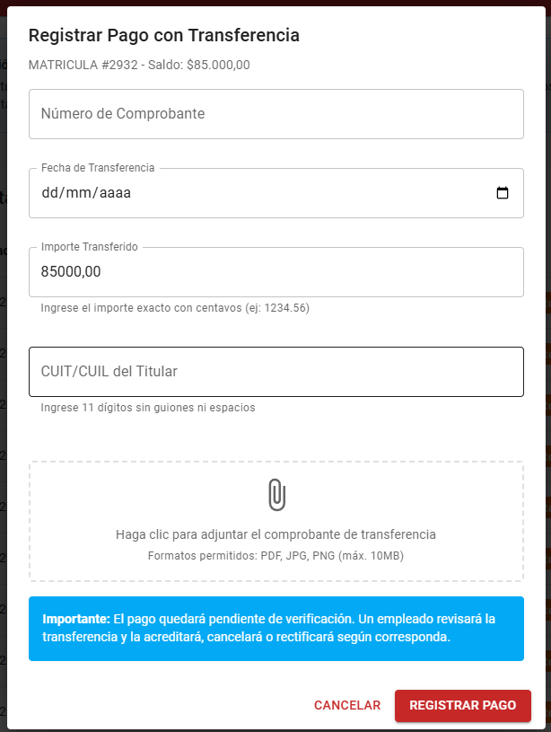 Registrar pago con transferencia
